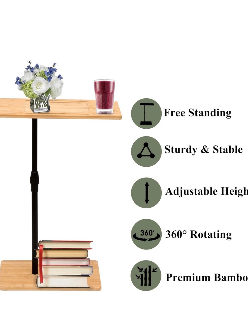 Adjustable Bamboo Side Table with Black Frame - Natural Bamboo & Black